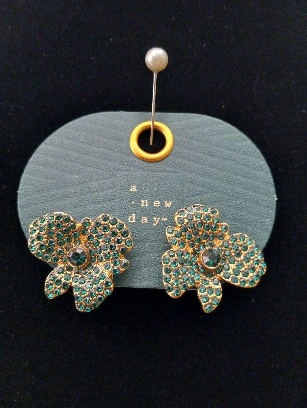 A New Day Gold-Tone Floral Cluster Earrings with Green Crystals
